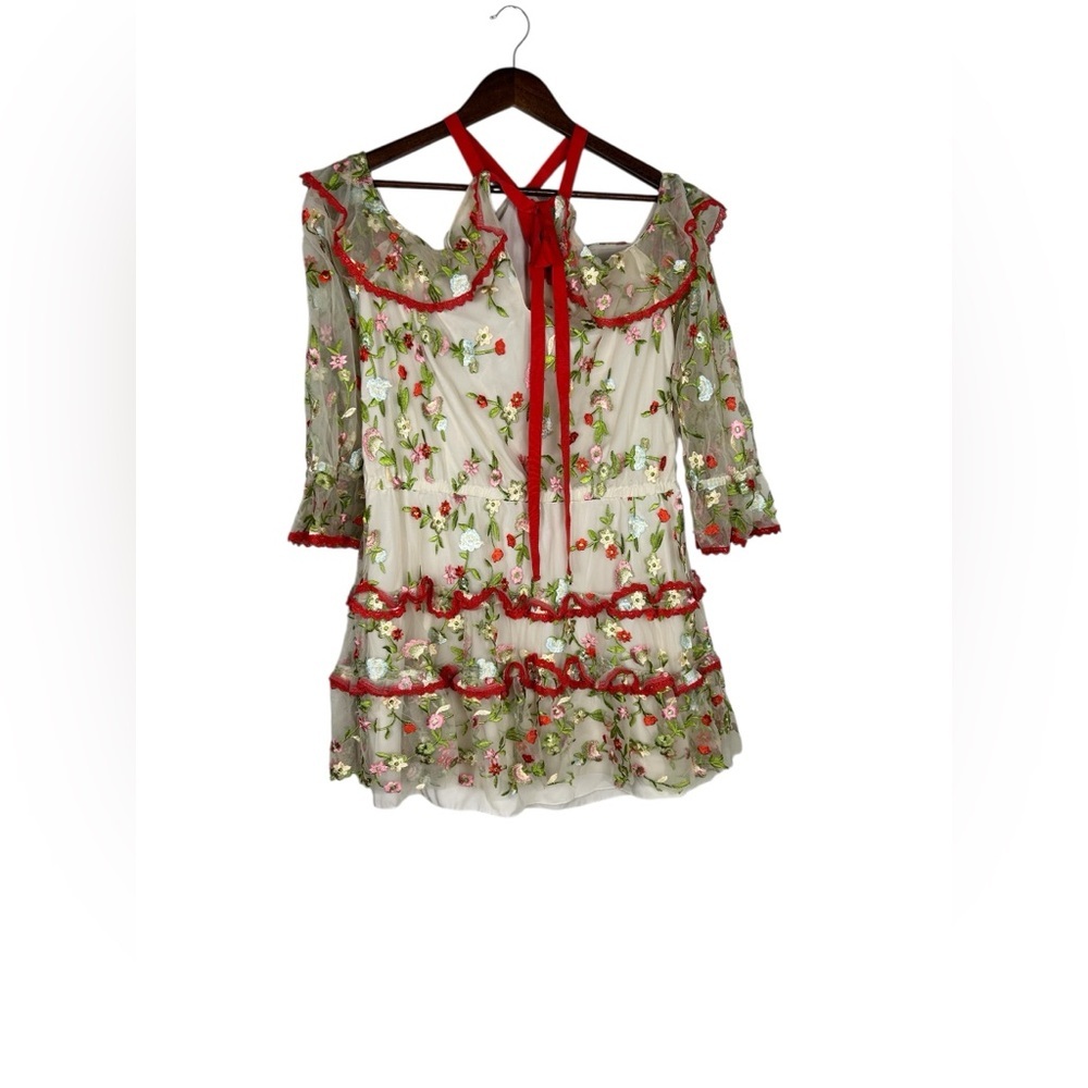 Alexis Floral Off Shoulder Mini Dress Ruffle Red Cream Small - Picture 8 of 11